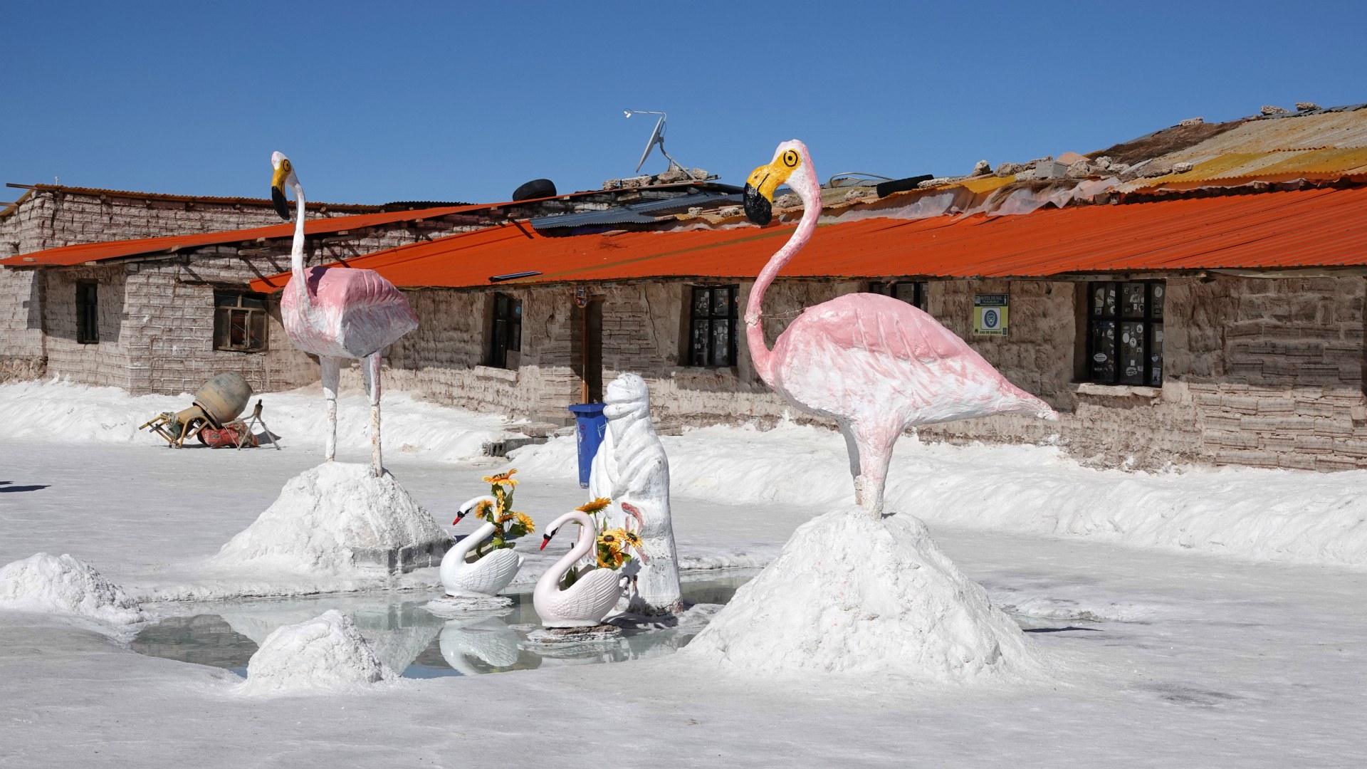 Model Flamingos Outside Original Salt Hotel, Salar de Uyuni