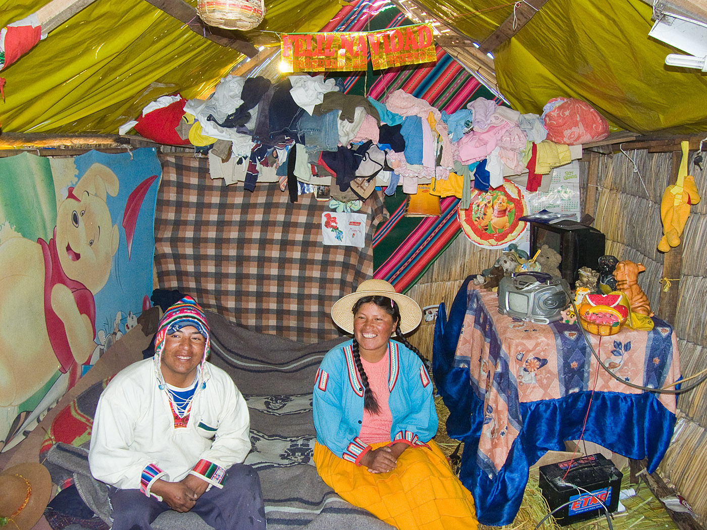 Inside tent of the Uros people, Lake Titicaca